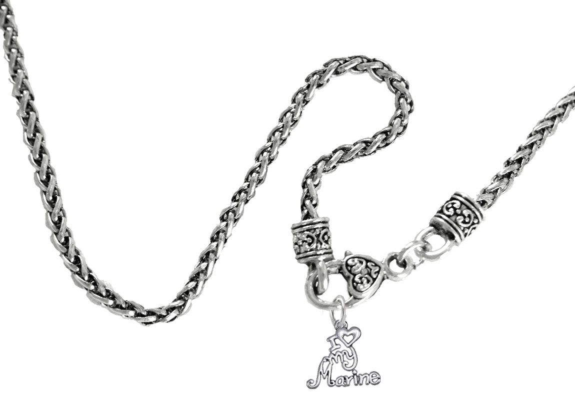 Marine, I Love My Marine On A Antique Wheat Chain Necklace. What A Wonderful Gift For Yourself Or Someone Special. Hypoallergenic-Safe, No Nickel, Lead, Or Cadmium In The Metal. Cardinali®Jewelry, A Veteran Owned Company. Made In The USA by Veterans©2024