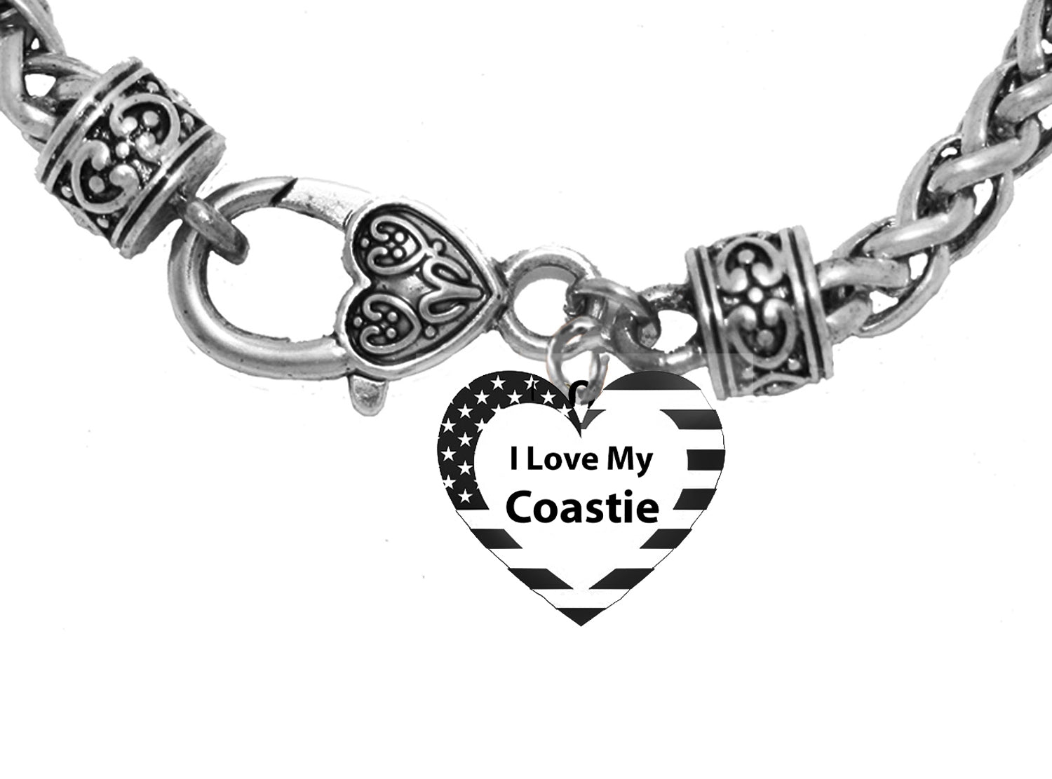 Coast Guard, I Love My Coastie Heart On A Antique Wheat Chain Bracelet, What A Great Gift For Yourself, Or Someone Special. Hypoallergenic-Safe, No Nickel, Lead, Or Cadmium In The Metal ©2023