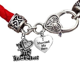 Marine, I Married My Hero, Heart, I Love (Heart) My Marine, Genuine Crystal Heart, On A Genuine Red Leather Bracelet, Hypoallergenic-Safe, No Nickel, Lead, Or Cadmium In The Metal.