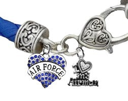 Air Force, I Love My Airman, Air Force Heart, Both Genuine Austrian Crystal, Hand Set Stones, On A Genuine Blue Leather Bracelet, Hypoallergenic-Safe, No Nickel, Lead, Or Cadmium In The Metal.