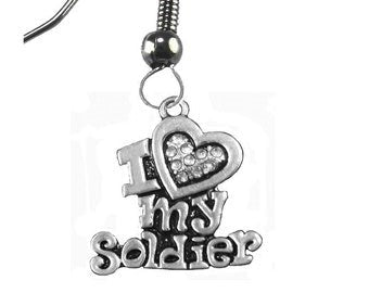 Army, I Love (Heart) My Soldier Army Charm On A Surgical Steel Earring Wires, Hypoallergenic-Safe, No Nickel, Lead, Or Cadmium