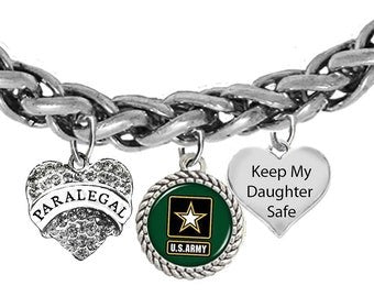 Army, Paralegal, Army Symbol, Keep My Daughter Safe, On A Adjustable Antique Wheat Chain Bracelet, Hypoallergenic-Safe, No Nickel, Lead, Or Cadmium In The Metal.