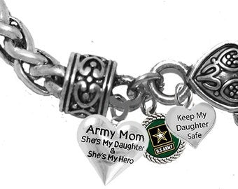 Army Mom, She's My Daughter And She's My Hero,Army Symbol Keep My Daughter Safe Heart,Adjustable Antique Wheat Chain Bracelet.Hypoallergenic