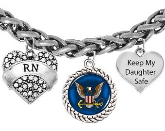 Navy, RN Navy Nurse,Navy Symbol, Keep My Daughter Safe, On A Adjustable Antique Wheat Chain Bracelet,Hypoallergenic-Safe,No Nickel,Lead,Or Cadmium In The Metal.