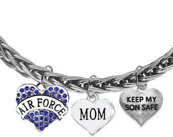 Air Force, Sterling Silver Bracelet, Air Force Mom, Keep My Son Safe, Solid Italian Made Sterling Silver Wheat Chain Bracelet,Charm Hypoallergenic-Safe