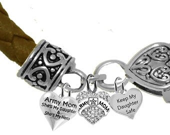 Army Mom,She's My Daughter, And She's My Hero, Army Mom, Keep My Daughter Safe ,Brown Leather Bracelet.Hypoallergenic,No Nickel,Lead,Cadmium