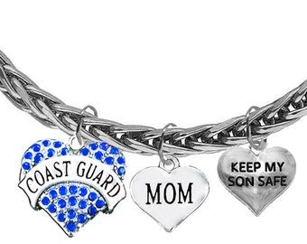 Coast Guard, Sterling Silver Bracelet, Coast Guard Mom,Keep My Son Safe,Solid Italian Made Sterling Silver Wheat Chain Bracelet,Charm Hypoallergenic-Safe