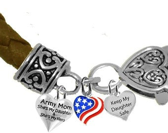 Army Mom,She's My Daughter, And She's My Hero,Flag Heart,Keep My Daughter Safe,Brown Leather Bracelet.Hypoallergenic,No Nickel,Lead,Cadmium