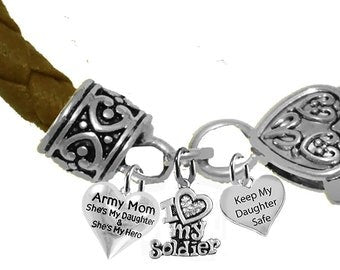 Army Mom, She's My Daughter, And She's My Hero, I Love My Soldier,Keep My Daughter Safe,Brown Leather Bracelet.Hypoallergenic,No Nickel,Lead