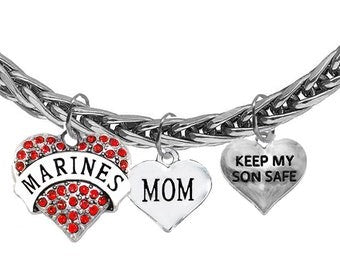 Marine, Sterling Silver Bracelet, Marine Mom, Keep My Son Safe, Solid Italian Made Sterling Silver Wheat Chain Bracelet, Charms Hypoallergenic-Safe