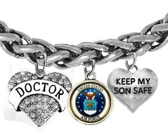 Air Force, Doctor ,Air Force Symbol, Keep My Son Safe,Adjustable Antique Wheat Chain Bracelet,Hypoallergenic, No Nickel, Lead, Or Cadmium