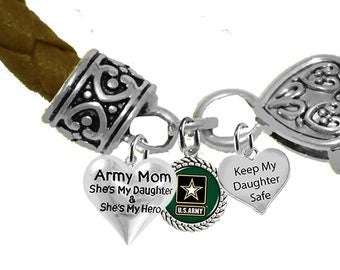 Army Mom,She's My Daughter, And She's My Hero,Army Symbol,Keep My Daughter Safe,Brown Leather Bracelet.Hypoallergenic,No Nickel,Lead,Cadmium