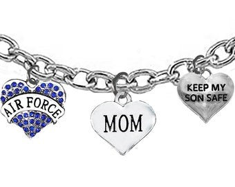 Air Force,  Silver Necklace, Air Force Mom,Keep My Son Safe,On A Italian Made, Solid Sterling Silver Cable Chain Necklace, Charms Are Hypoallergenic-Safe