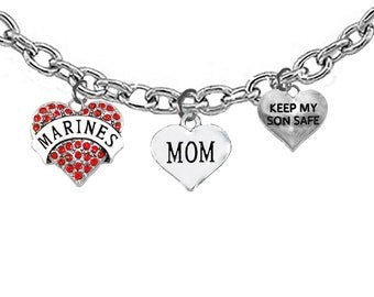 Marine, Sterling Silver Necklace, Marine Mom, Keep My Son Safe, On A Solid Italian Made Sterling Silver Cable Chain,Charms Are Hypoallergenic-Safe