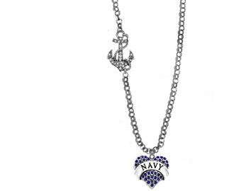 Navy And Anchor,All Genuine Austrian Crystal,Adjustable 21 Inch Multifactor Rolo Chain Necklace,Hypoallergenic-Safe,No Nickel, Lead, Cadmium