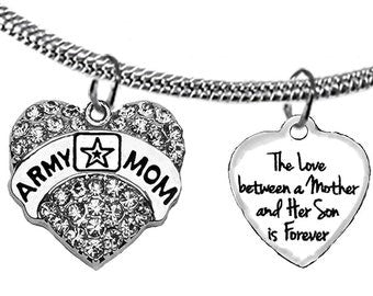 Army, The Love Between A Mother And Her Son Is Forever, Austrian Crystal Army Mom Heart, Adjustable Necklace, No Nickel, Lead, Or Cadmium In The Metal.  ©2022