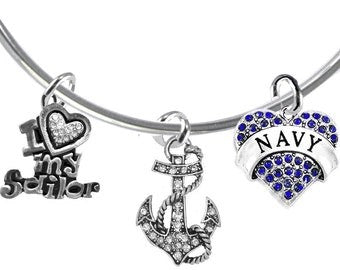 Navy, I Love My Sailor, Anchor,Blue Navy Heart,All Genuine Austrian Crystal,Adjustable Miracle Wire Bracelet,Hypoallergenic-No Nickel,Lead,Cadmium