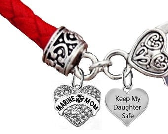 Marine Mom, Keep My Daughter Safe, On A Red Leather Antique Bracelet, Hypoallergenic-Safe,No Nickel, Lead,Or Cadmium.