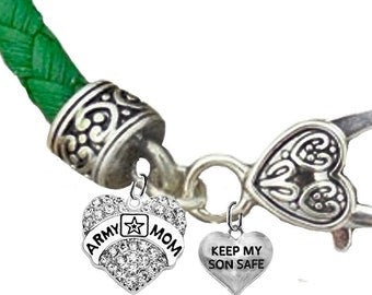 Army Mom, Keep My Son Safe, On A Green Leather Bracelet, Charm Hypoallergenic-Safe, No Nickel, Lead, Or Cadmium ©2014, ©2021, ©2022