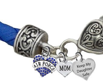 Air Force Mom, Keep My Daughter Safe, On A Blue Leather Bracelet, Hypoallergenic-Safe,No Nickel,Lead,Or Cadmium©2022