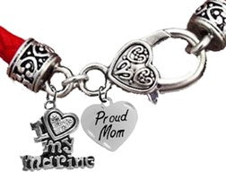 Marine, I Love (Heart) My Marine, Proud Mom Heart, On A Red Leather Bracelet, Hypoallergenic-Safe,No Nickel, Lead, Or Cadmium.