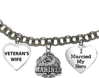 Marine, Veteran's Wife, Marine Insignia, I Married My Hero, Adjustable Rolo Chain Bracelet,It Will Fit Everyone.Hypoallergenic,No Nickel,Lead,Cadmium