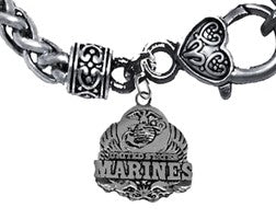 Marines, On A Antique Wheat Chain Bracelet, Hypoallergenic-Safe,No Nickel, Lead, Or Cadmium