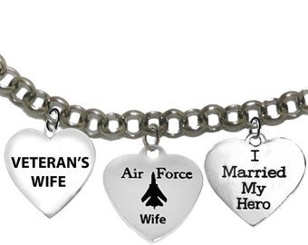 Air Force, Veteran's Wife, Air Force Wife,I Married My Hero,Adjustable Rolo Chain Bracelet,Will Fit Everyone.Hypoallergenic,No Nickel,Lead,Cadmium©2022