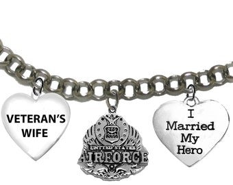 Air Force, Veteran's Wife, Air Force Insignia,I Married My Hero,Adjustable Rolo Chain Bracelet,Will Fit Everyone.Hypoallergenic,No Nickel, Lead,Cadmium