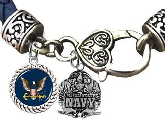 Navy Symbols/Emblems On A Dark Navy Leather Bracelet, Hypoallergenic-Safe,No Nickel, Lead, Or Cadmium