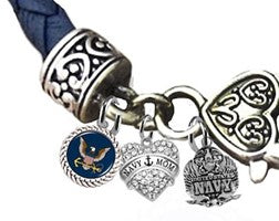 Navy Symbols/Emblems And Navy Mom With Austrian Crystals On A Dark Navy Leather Bracelet, Hypoallergenic-Safe,No Nickel, Lead,Or Cadmium.