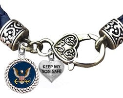 Navy Symbol/Emblem, Keep My Son Safe, On A Dark Navy Leather Bracelet, Hypoallergenic-Safe,No Nickel, Lead, Or Cadmium