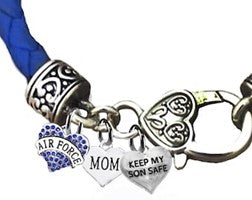 Air Force Mom, Keep My Son Safe, On A Light Blue Leather Bracelet, Hypoallergenic-Safe, No Nickel, Lead, Or Cadmium. ©2014,©2022