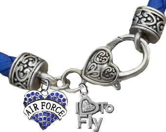 Air Force Genuine Blue Crystal Heart Charm, I Love to Fly, On A Grnuine Blue Leather Bracelet, Hypoallergenic-Safe,No Nickel,Lead,Cadmium