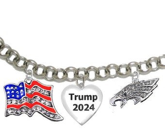 Trump 2024, Austrian Crystal American Flag And American Eagle Head,Adjustable Chain Bracelet,Stainless Steel Charm.Hypoallergenic-Safe ©2022