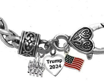 Trump 2024 Heart, Presidential Color Guard, And Colorful American Flag On A Antique Wheat Chain Adjustable Bracelet,Hypoallergenic-Safe©2022