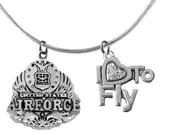 Air Force,I Love To Fly...Beautifully Designed Air Force Symbol/Emblem On A Adjustable Tailored Snake Chain,Hypoallergenic-Safe,No Nickel,Lead,Cadmium