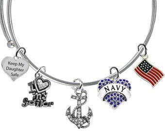 Navy, Keep My Daughter Safe,American Flag,I Love My Sailor,Anchor,Blue Navy Heart,Genuine Crystal, Adjustable Miracle Wire Bracelet, Will Fit Everyone, Hypoallergenic-Safe, No Nickel, Lead, Or Cadmium In The Metal.