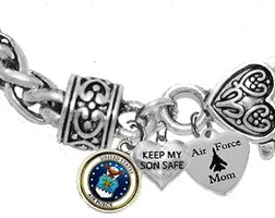 Air Force, Keep My Son Safe, Air Force Mom, Air Force Symbol, On A Antique Wheat Chain Bracelet, Hypoallergenic-Safe, No Nickel, Lead, Or Cadmium In The Metal. ©2022