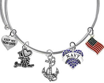 Navy, Keep My Son Safe, American Flag, I Love My Sailor, Anchor, Blue Navy Heart, Austrian Crystal, Adjustable Bracelet,Will fit Everyone,  Hypoallergenic-Safe, No Nickel, Lead, Cadmium In The Metal.