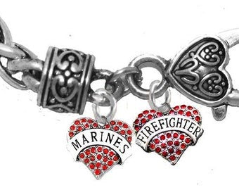 Marine Firefighter, Genuine Austrian Crystal Hearts, On A Adjustable Antique Wheat Chain Bracelet,Hypoallergenic,No Nickel, Lead, Or Cadmium