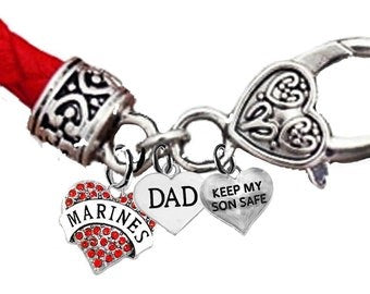 Marine Genuine Crystal Heart, Dad, Keep My Son Safe, On A Red Leather Bracelet, Hypoallergenic-Safe, No Nickel, Lead, Or Cadmium ©2014 ©2022