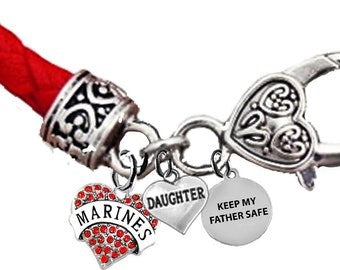 Marine Genuine Crystal Heart, Daughter, Keep My Father Safe, On A Red Leather Bracelet, Hypoallergenic-Safe, No Nickel, Lead,Or Cadmium©2022