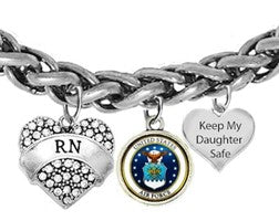 Air Force, RN, Keep My Daughter Safe, On A Adjustable Antique Wheat Chain Bracelet, Hypoallergenic-Safe, No Nickel, Lead, Or Cadmium In The Metal.