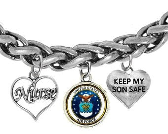 Air Force Nurse, Keep My Son Safe,Space Force Symbol,On A Adjustable Antique Wheat Chain Bracelet, Hypoallergenic, No Nickel, Lead,Or Cadmium