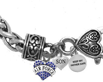 Air Force Son, Keep My Father Safe, On A Antique Wheat Chain Bracelet, Hypoallergenic-Safe, No Nickel, Lead, Or Cadmium.