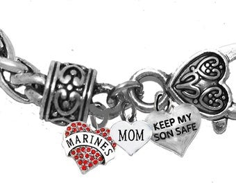 Marine Genuine Crystal Heart, Mom, Keep My Son Safe, On A Antique Wheat Chain Bracelet, Hypoallergenic-Safe, No Nickel, Lead,Or Cadmium©2022