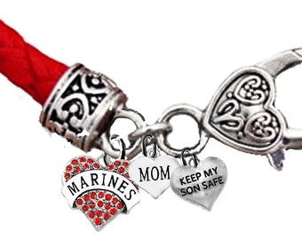 Marine Genuine Crystal Heart, Mom, Keep My Son Safe, On A Red Leather Bracelet, Hypoallergenic-Safe, No Nickel, Lead, Or Cadmium ©2014 ©2022