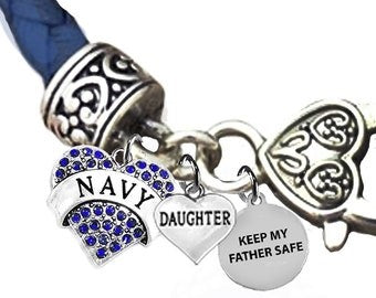 Navy Genuine Austrian Crystal Heart, Daughter, Keep My Father Safe, On A Blue Leather Bracelet,Hypoallergenic-Safe,No Nickel,Lead,Or Cadmium