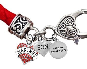 Marine Genuine Crystal Heart, Son, Keep My Father Safe, On A Red Leather Bracelet, Hypoallergenic-Safe, No Nickel, Lead,Or Cadmium©2014©2022